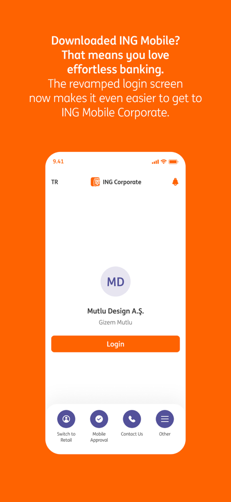 ING Mobil - ING Mobil Corporate Login-Bildschirm mit Benutzerprofil und Login-Schaltfläche