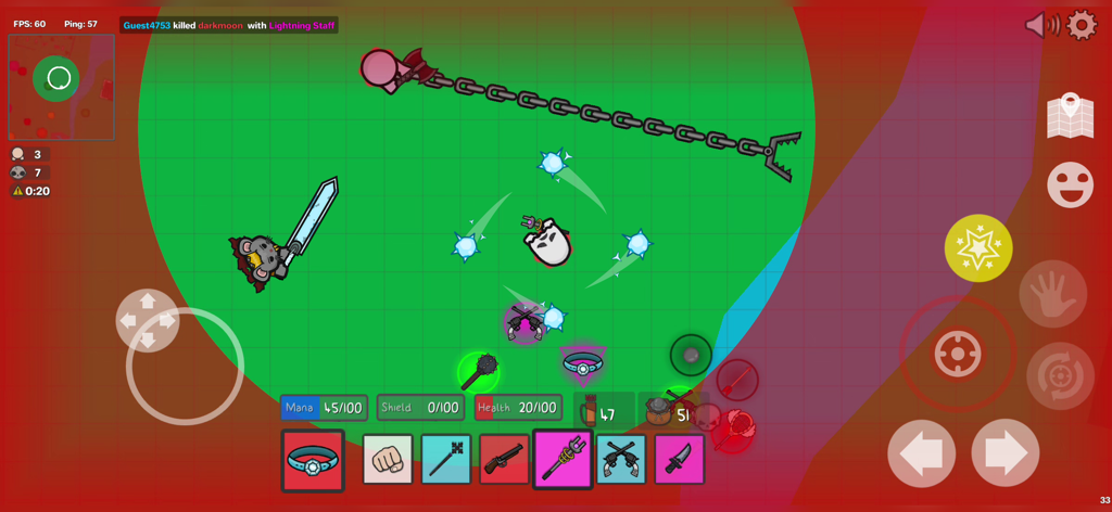 Thelast.io - Battle Royale - Top-down view of 2D battle royale gameplay in Thelast.io featuring fantasy characters using magic and melee weapons.