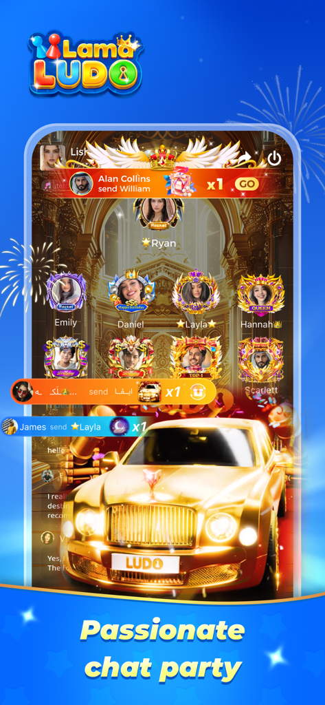 LamaLudo app screenshot showing a social voice chat room with multiple user profiles and virtual gifts