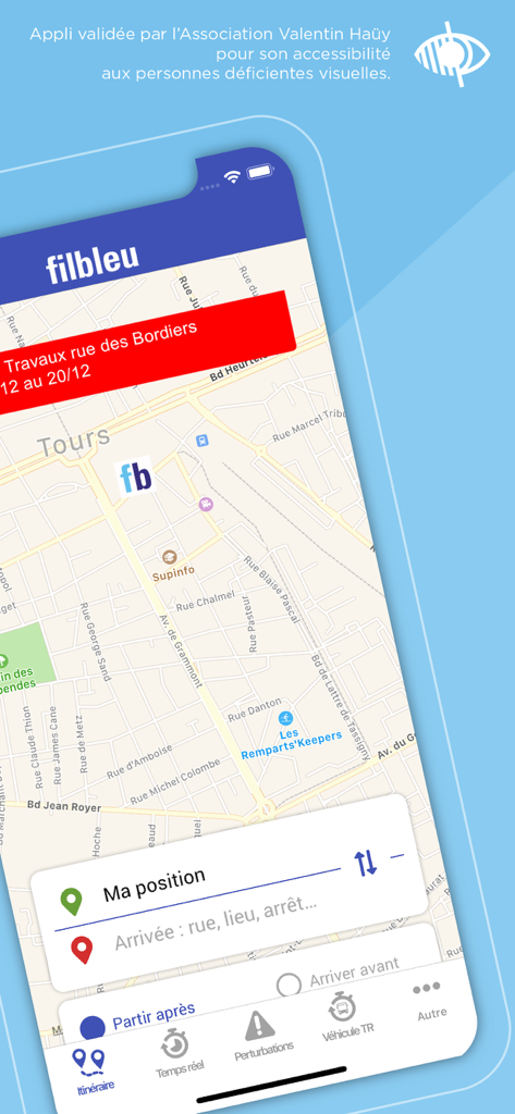 Fil Bleu - Fil Bleu transit app map interface with route search and service alert banner