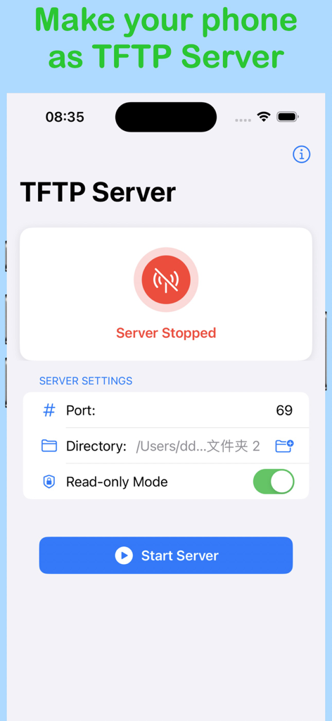 TFTP Server Mobile app interface with server configuration and start button