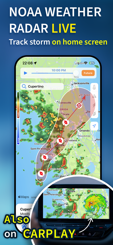 Live NOAA weather radar and storm tracking on iPhone and Apple CarPlay screens
