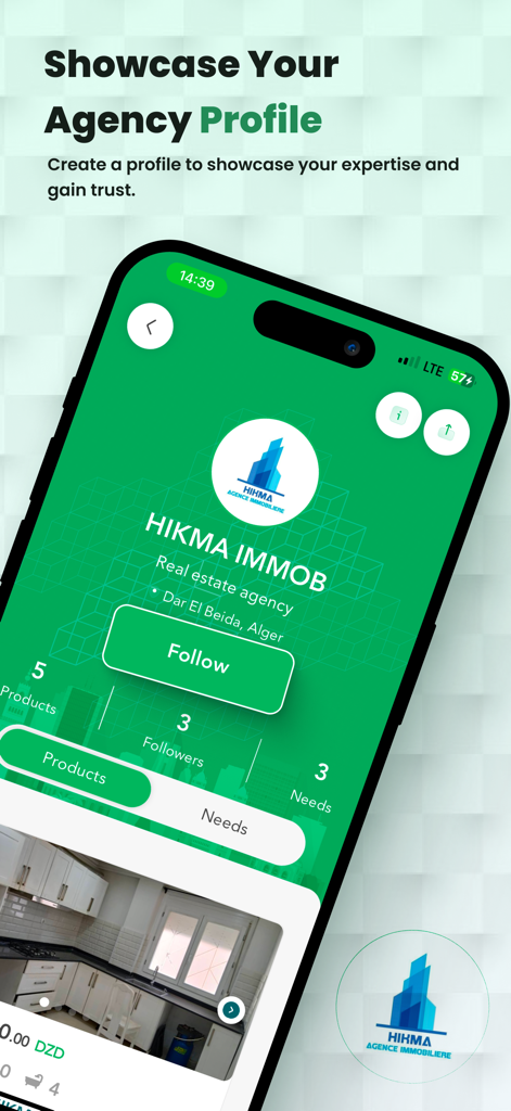 Aqarimmo pro - Exibição de perfil de agência imobiliária profissional no aplicativo móvel Aqarimmo Pro com seguidores e anúncios de propriedades