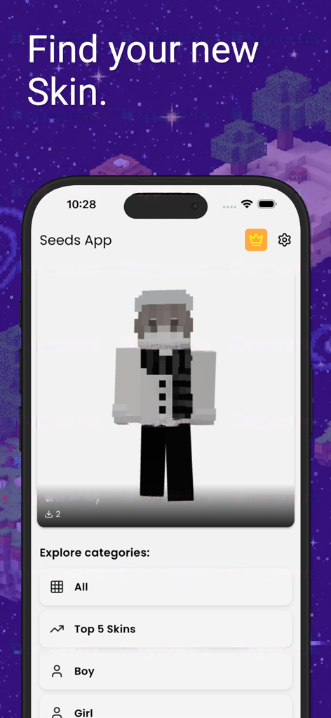 Minecraft skin selection interface featuring a character in winter attire with skin categories
