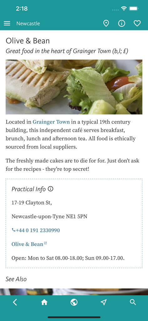 Eine detaillierte Restaurantliste für das Café Olive and Bean im Newcastle Reiseführer, die Essensfotos und praktische Informationen zeigt.