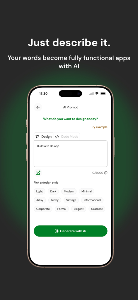 Interfaccia mobile di AppForceStudio che mostra un campo di prompt IA e selezioni di stile di design per la creazione di un'app personalizzata