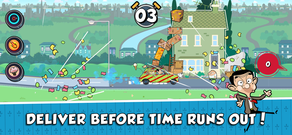 Mr Bean - Special Delivery - Mr Bean fährt seinen grünen Mini mit gestapelten Lieferkisten über eine Stadt-Ziellinie