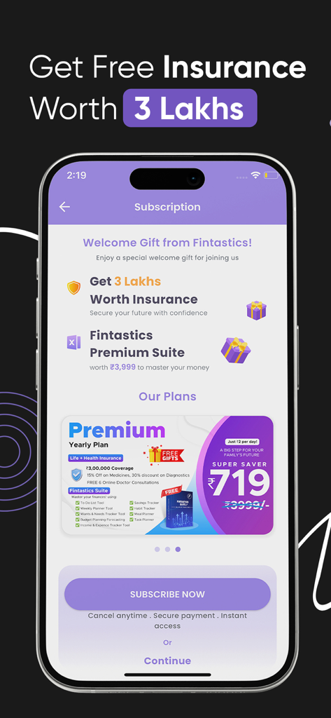 Fintastics app subscription screen showing premium yearly plan details and insurance offer