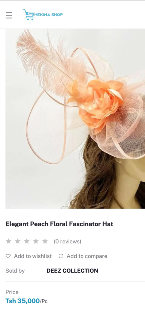ShekinaShop - ShekinaShop 모바일 앱의 우아한 복숭아색 꽃 장식 페도라 모자 제품 페이지