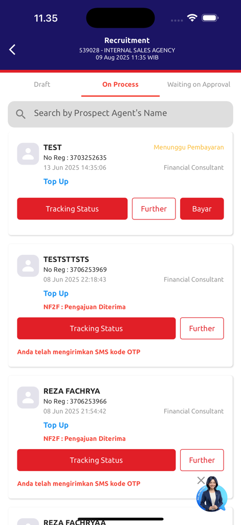 ORION by MSIG Life - Recruitment management screen in the ORION by MSIG Life app showing prospect agent progress and status tracking.
