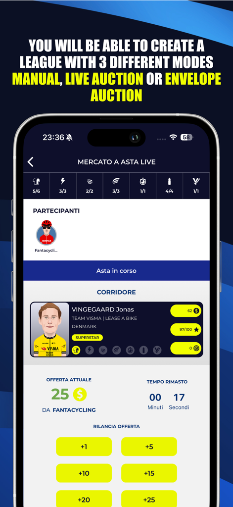 Fantacycling - Fantacycling app live auction interface for building a fantasy cycling team