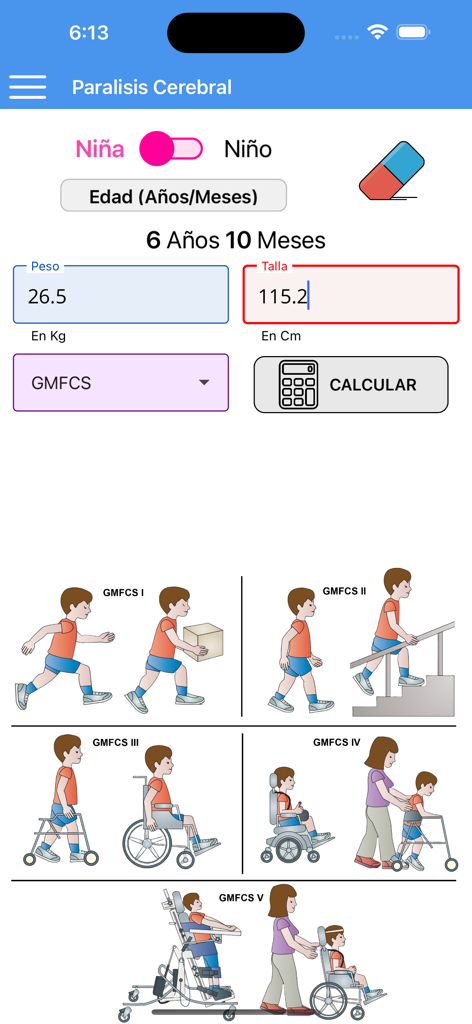 Pediatric growth calculator for cerebral palsy in the OMS AnthroP app showing GMFCS classification levels