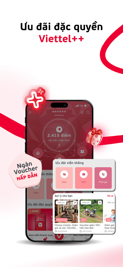 Écran de l'application My Viettel affichant les points de fidélité et des bons d'achat exclusifs pour les services de télécommunications et de mode de vie