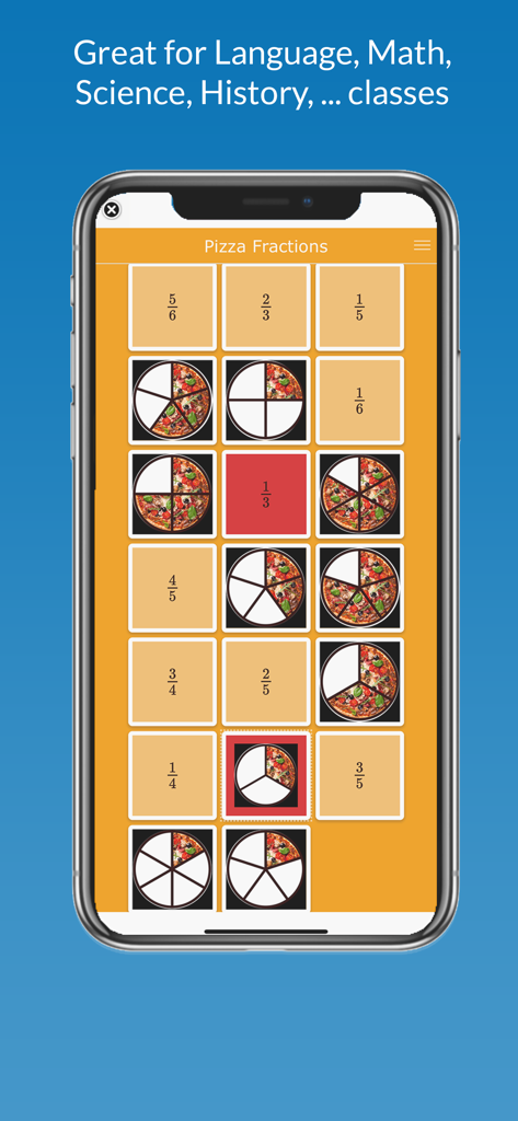 Actividad interactiva de correspondencia de fracciones de pizza en la aplicación móvil BookWidgets.