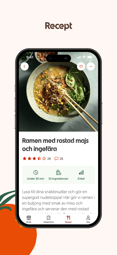 ICA – recept och erbjudanden - Smartphone screen showing a ramen recipe in the ICA grocery app