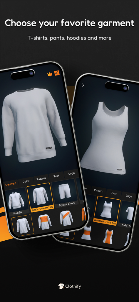 Clothify - Diseña ropa en 3D - Interfaz de la aplicación Clothify para seleccionar y personalizar prendas 3D como sudaderas y camisetas sin mangas.