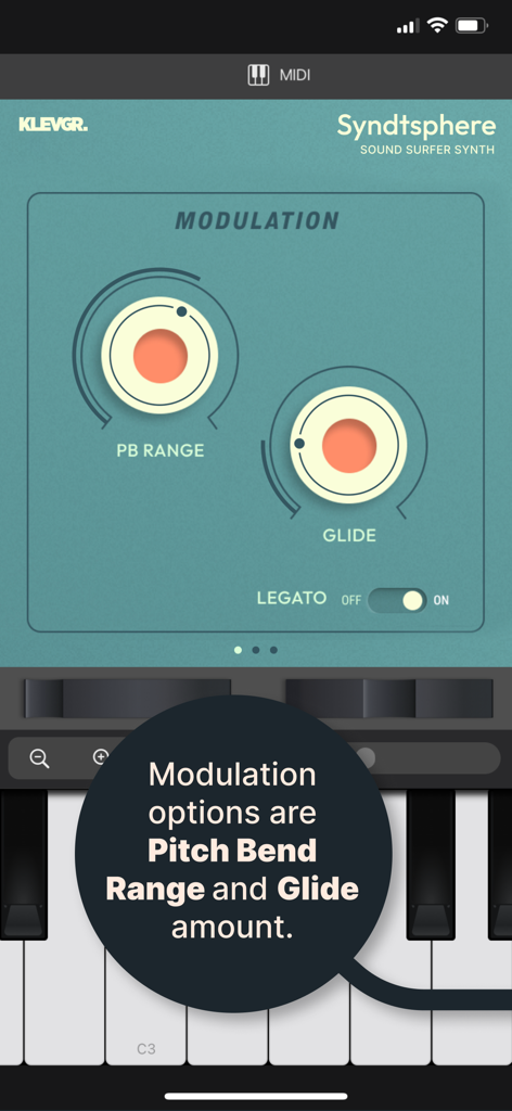 SyndtSphere app modulation settings screen featuring pitch bend range and glide controls