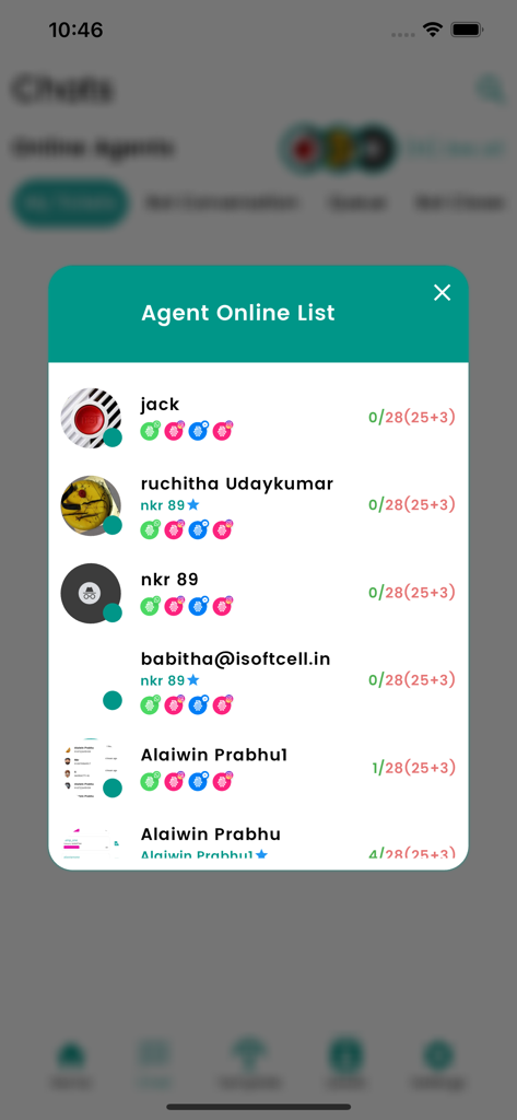 AI-Octopus - A dashboard view in the AI-Octopus app showing a list of active support agents and their current statuses