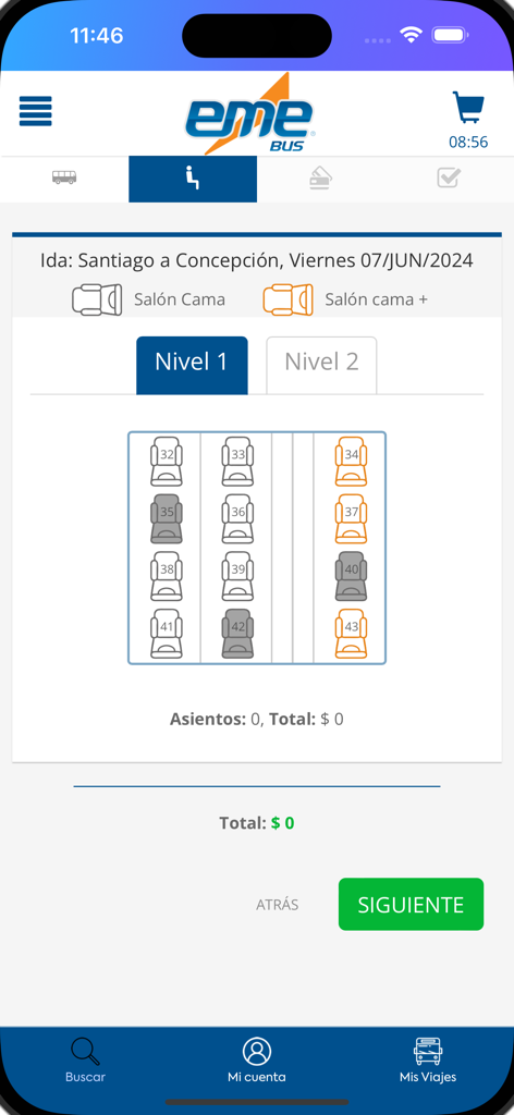 EME Bus - Pantalla de selección de asientos de la aplicación EME Bus para un viaje en autobús de Santiago a Concepción que muestra la distribución del autobús y la disponibilidad de asientos.