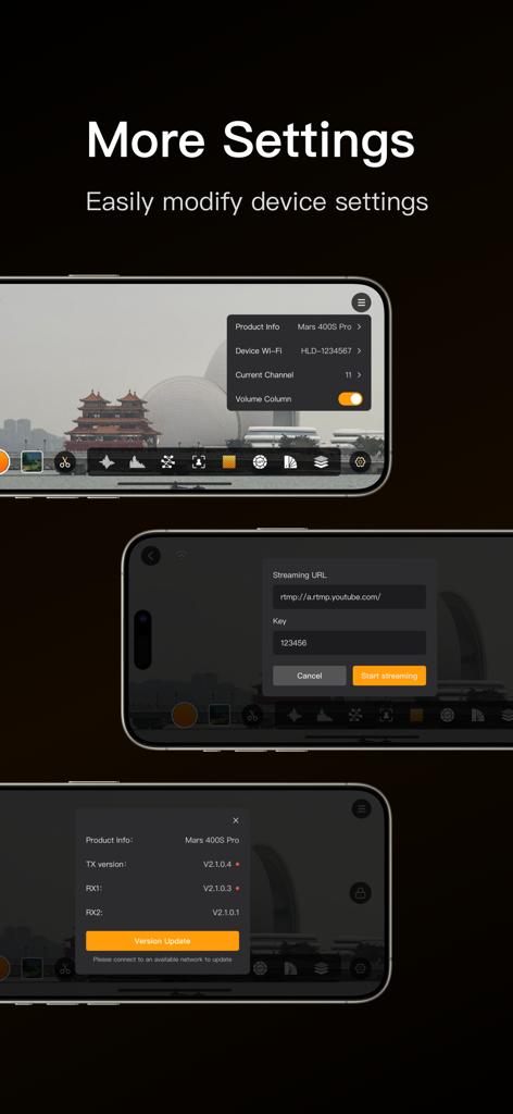 HollyView - HollyView app interface showing device settings streaming configuration and firmware update screens