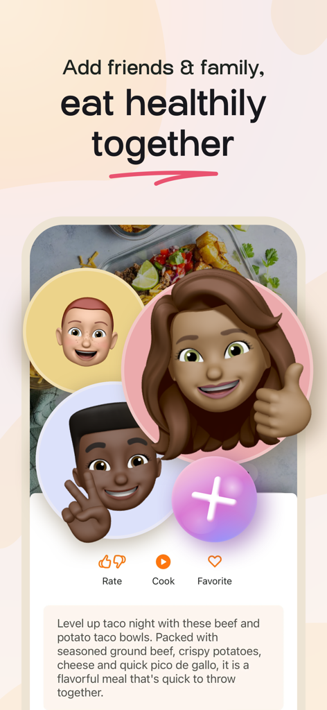 MealPrepPro app screen showing how to add friends and family to eat healthily together