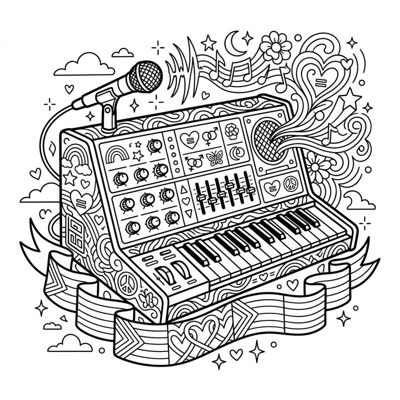 Dive into a symphony of color with this intricate adult vocoder coloring page, beautifully infused with vibrant Pride symbols. Perfect for music lovers and allies seeking a detailed and meaningful artistic escape.