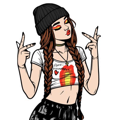 realistic teenage girl with braids and a beanie and crop top doing 🫶🏼