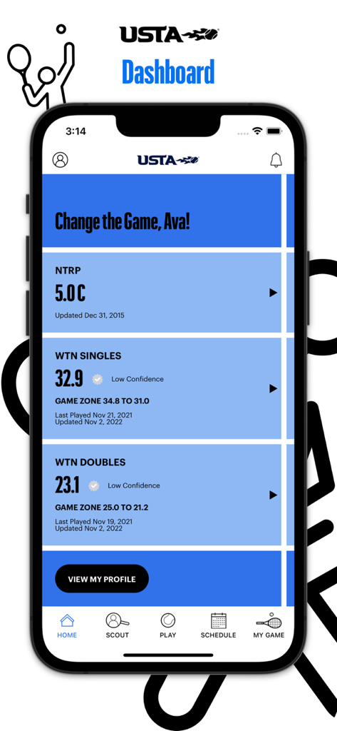 USTA Tennis - USTA Tennis app dashboard showing user NTRP rating and WTN singles and doubles scores