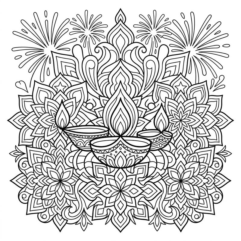 Dive into the festive spirit of Diwali with this beautifully intricate abstract art coloring page. Featuring luminous diyas amidst mesmerizing mandala patterns and celebratory fireworks, it's a perfect blend of tradition and modern artistry.