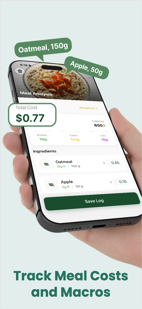 A mobile phone screen showing the CostBite app with a breakfast meal analysis including cost and macro tracking