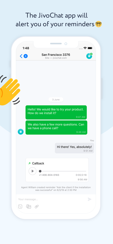JivoChat app interface showing a customer chat with a callback recording and an automated reminder for follow up
