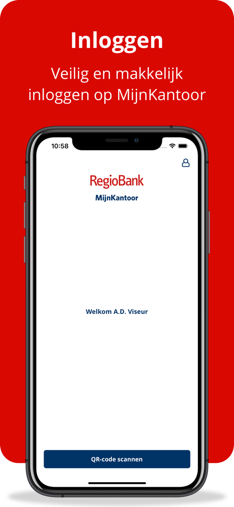 MijnKantoor RegioBank - MijnKantoor RegioBank App-Anmeldeschnittstelle auf einem Smartphone, die eine Willkommensnachricht und eine Schaltfläche zum Scannen des QR-Codes anzeigt.