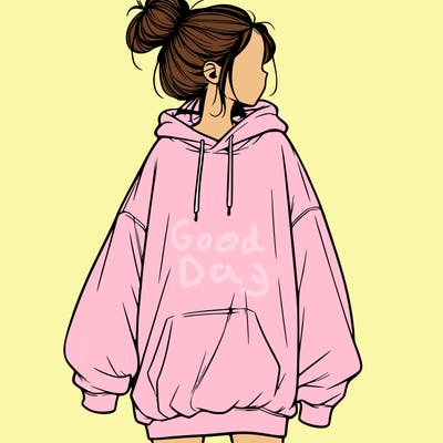 realistic girl with a oversized sweatshirt on and a bun
