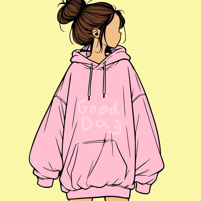 realistic girl with a oversized sweatshirt on and a bun