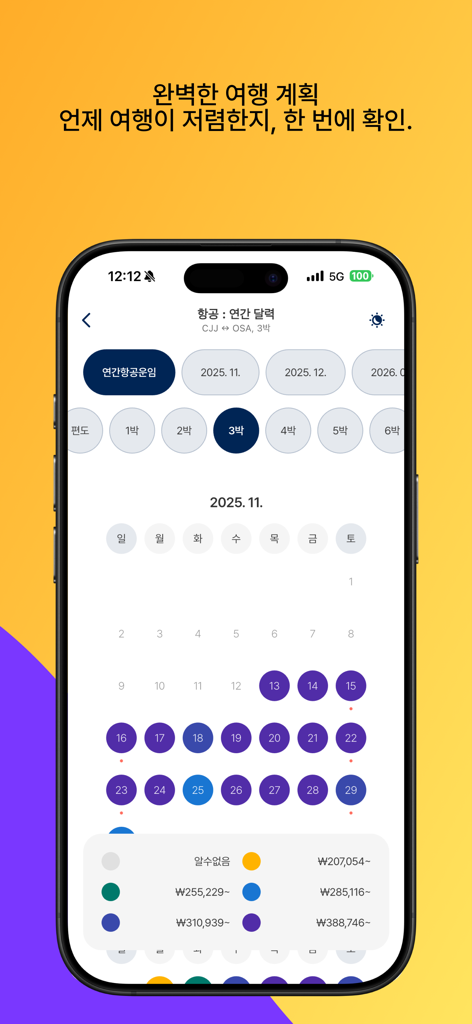 Mobile app interface displaying a monthly calendar with color-coded flight prices for budget travel planning.