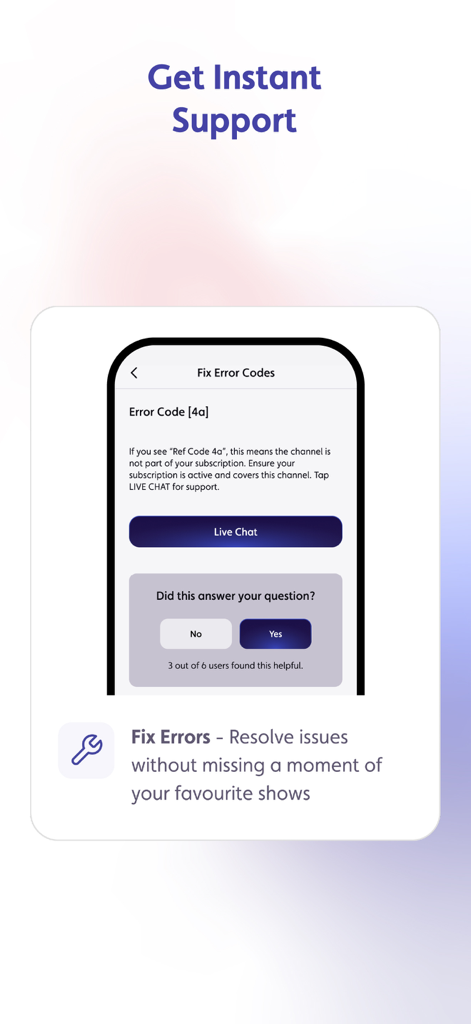 Screenshot of the myOSNtv app showing the instant support and fix error codes interface with live chat option