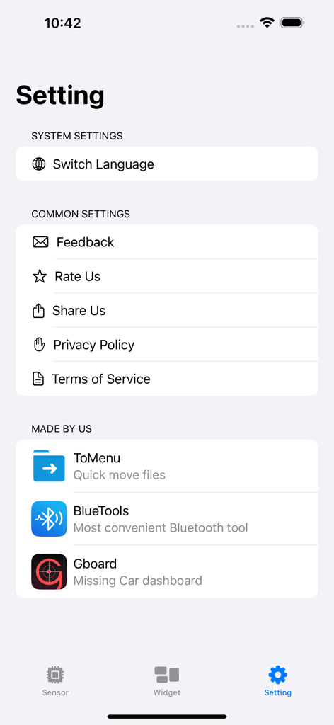 Écran des paramètres de l'application Sensor - Device Monitor affichant les options de configuration système et courantes.