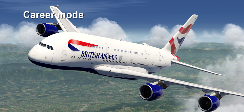 Aerofly FS Global - British Airways Airbus A380 flying over mountains in Aerofly FS Global career mode