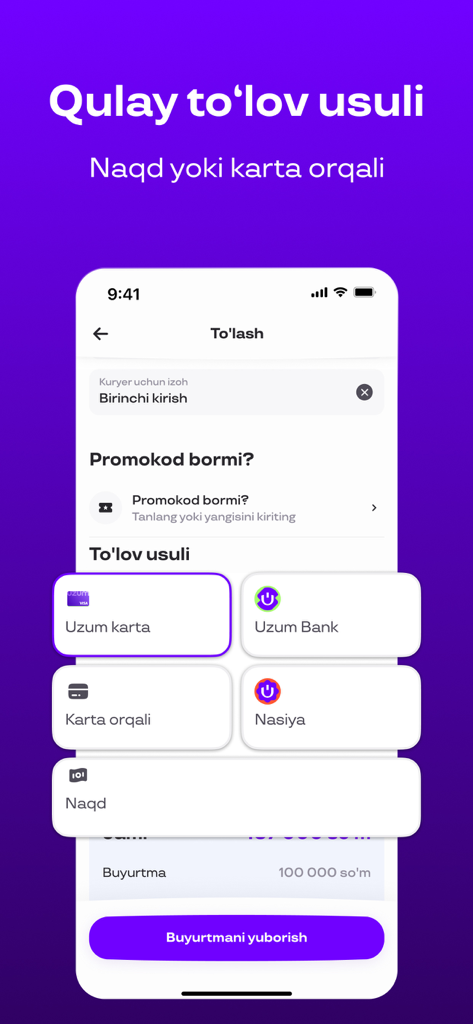 Uzum Tezkor－Ovqat, mahsulotlar - Interface de l'application Uzum Tezkor montrant diverses options de paiement, y compris carte bancaire et espèces