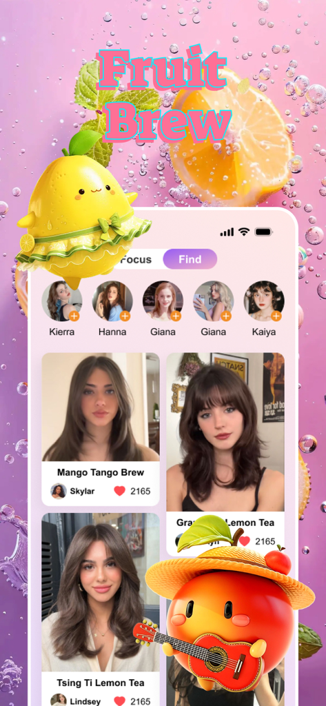 Cagic：Adult Enjoy Chat，Connect - Interfaz móvil de la aplicación Cagic que presenta recetas de té de frutas y un feed de comunidad social