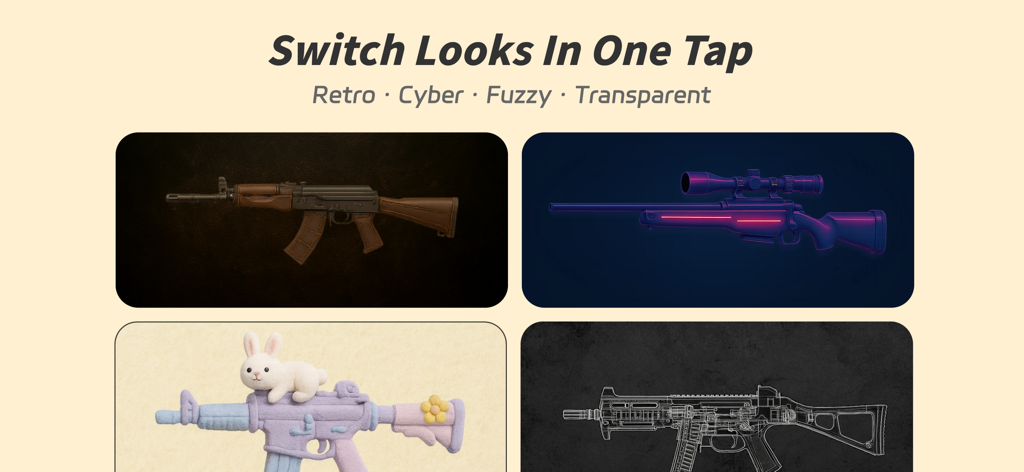Four different gun skin themes in the app including retro cyber fuzzy and transparent styles