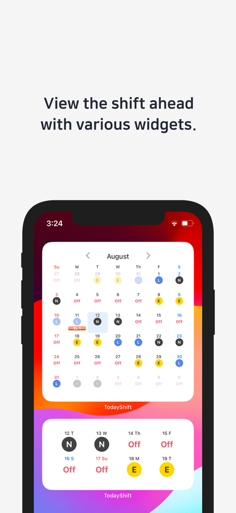 Today's Shift - A mobile phone screen displaying work shift schedule widgets from the Todays Shift app.