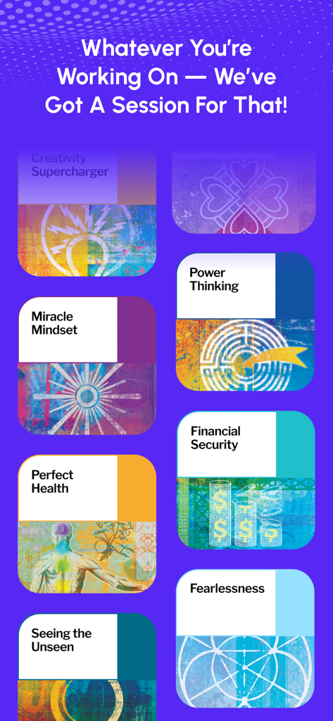 MINDTRX: Self Help & Mindset - Visualización en la aplicación MINDTRX de varias sesiones de autoayuda, incluyendo Pensamiento de Poder y Seguridad Financiera.