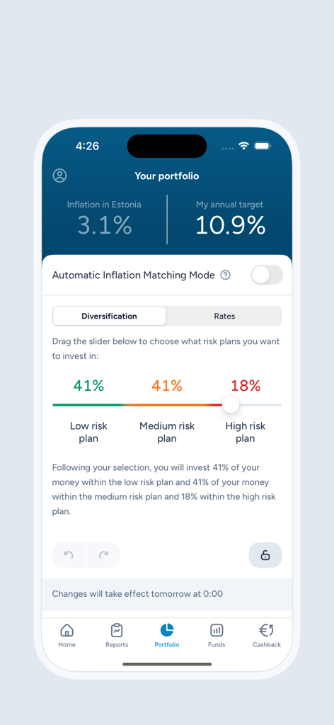 L'écran de gestion de portefeuille de l'application Quanloop Funds montrant les paramètres de diversification du plan de risque et les taux d'intérêt cibles.