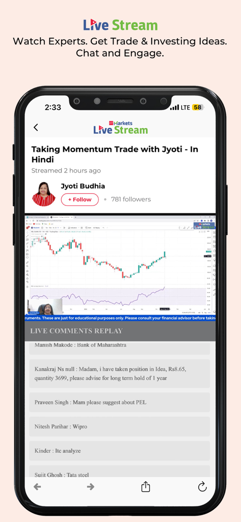 ET Markets - ET Markets app live stream screen featuring a stock market expert discussing trade ideas with a live chart and comments.