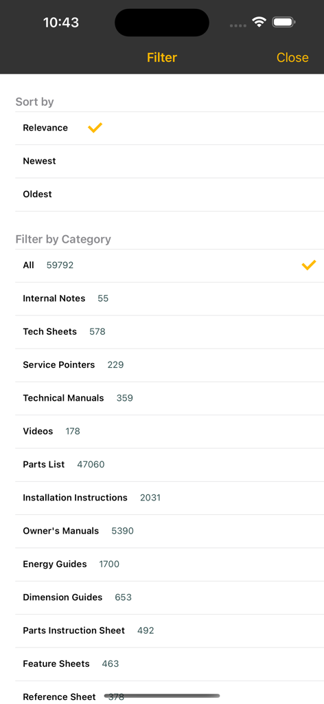 ServiceMatters - Filter options screen in ServiceMatters app displaying technical document categories and sorting choices