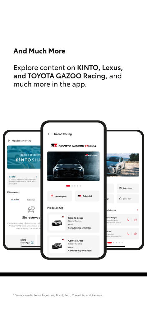 Toyota LATAM app displaying Toyota Gazoo Racing, KINTO mobility services, and Lexus brand content on smartphone screens.