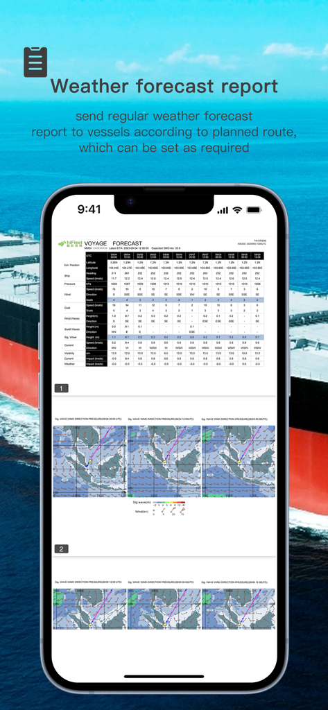 hiFleet mobile app displaying a detailed maritime weather forecast report and meteorological maps