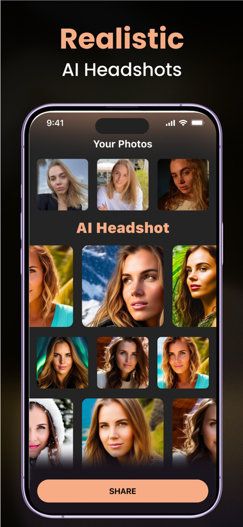 AI Headshot Generator - Pro - Interfaz de la aplicación que muestra múltiples retratos realistas generados por IA de una mujer en varios estilos y fondos.