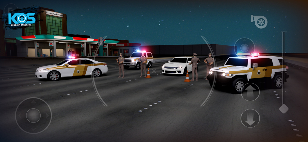Police officers and patrol cars at a night road checkpoint in the King of Steering game